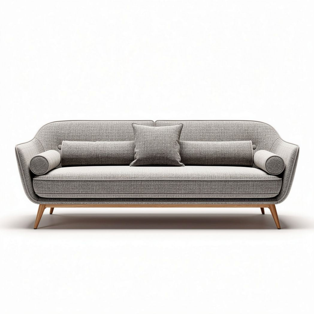 Sofa z szarym obiciem 200 x 90 x 75cm z drewnianymi nóżkami i poduszkami
