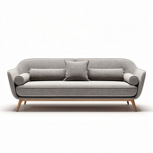 Sofa z szarym obiciem 200 x 90 x 75cm z drewnianymi nóżkami i poduszkami